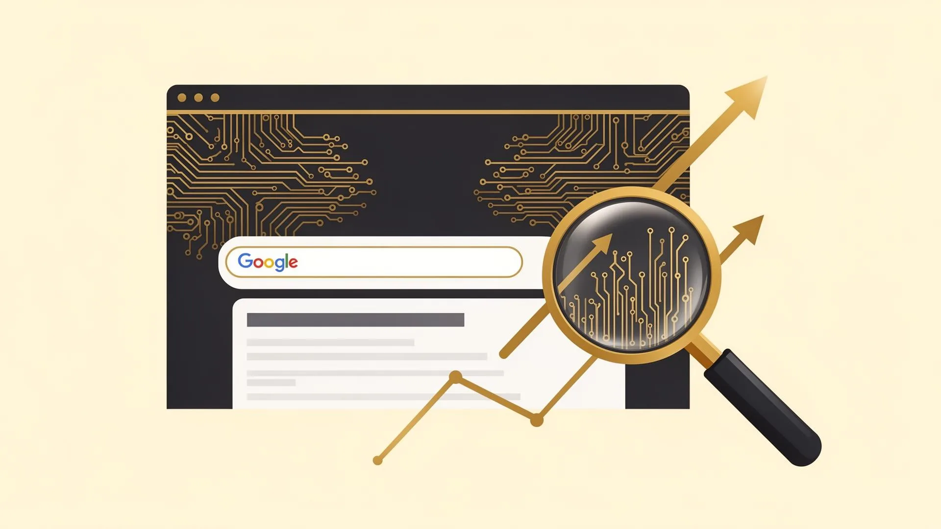 Lupa sobre resultados de búsqueda optimizados con inteligencia artificial y SEO